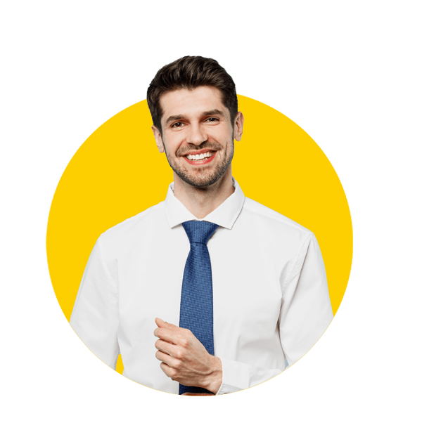 Aerospace translation services, Young smiling happy successful employee business man corporate lawyer wears classic formal shirt tie work in office.