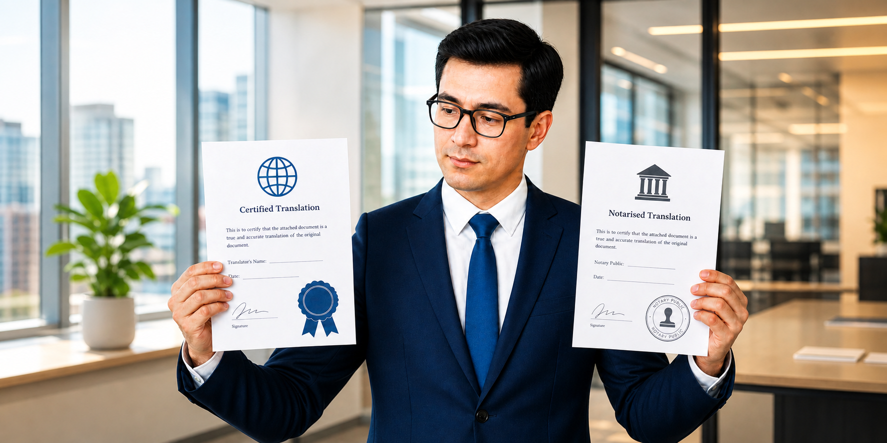 Legal professional comparing a certified and notarised translation