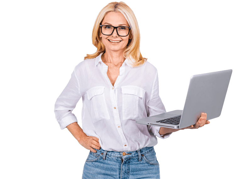 Adwords translation services woman wearing a white shirt and jeans holding a laptop