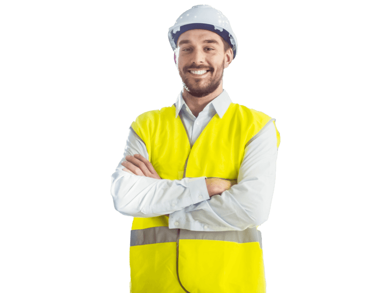 Aerospace translation services expert smiling weawring a safety vest and a helmet