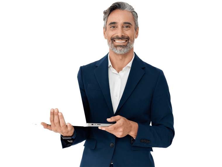  Middle aged professional businessman ceo executive wearing suit holding computer working looking at camera, portrait. - AI Translation services