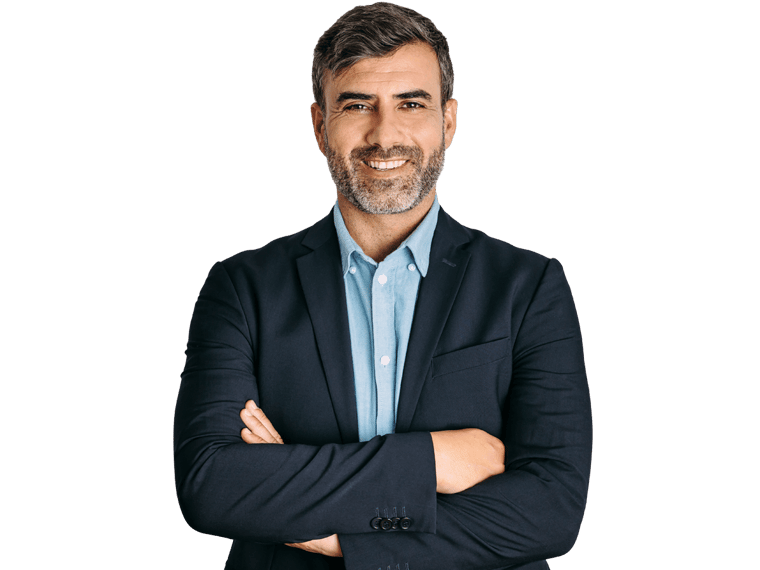 Albanian translation services professional smiling confidently with crossed arms wearing a blue jacket