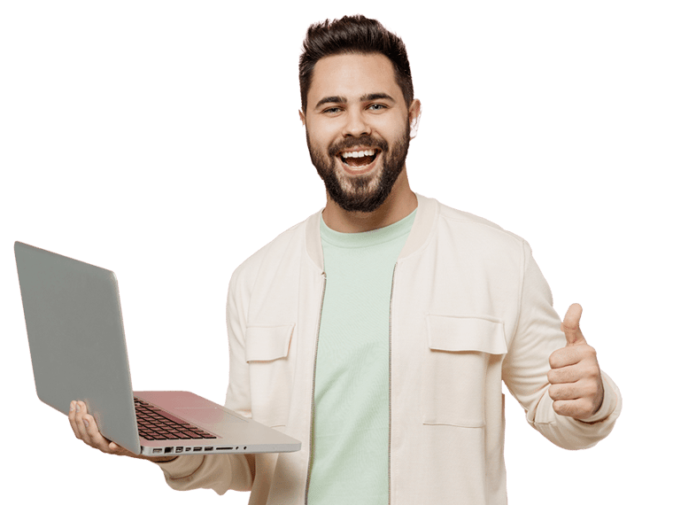 Apps translation services expert smiling holding a laptop giving thumps up
