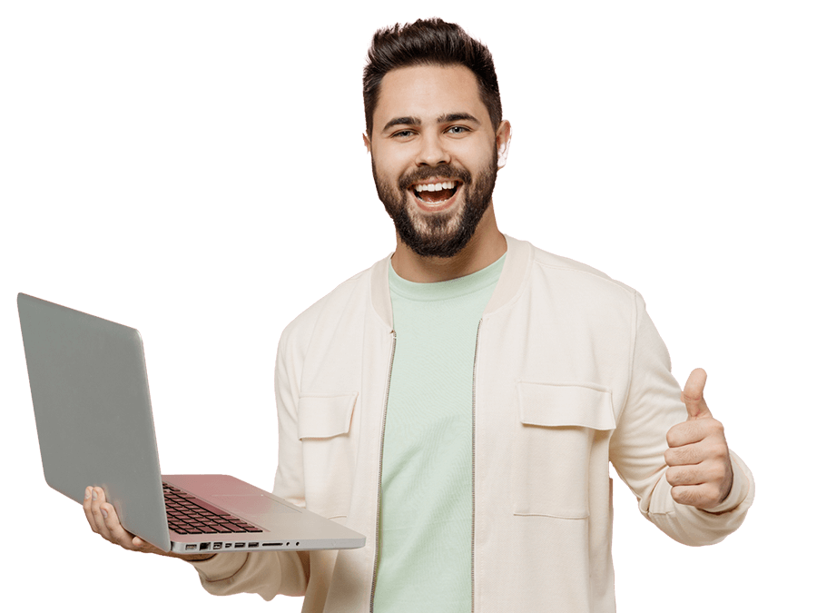 Apps translation services expert smiling holding a laptop giving thumps up