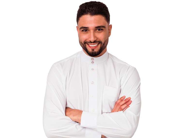 Arabic translation services Young arab man wearing typical arab clothes isolated on white background who feels confident