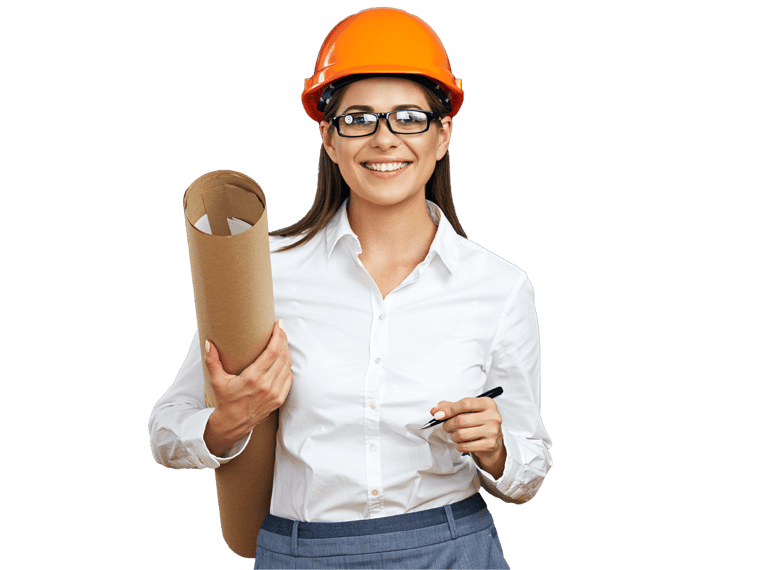 Architectural translation services, Business woman engineer developer holding blueprint on black background.