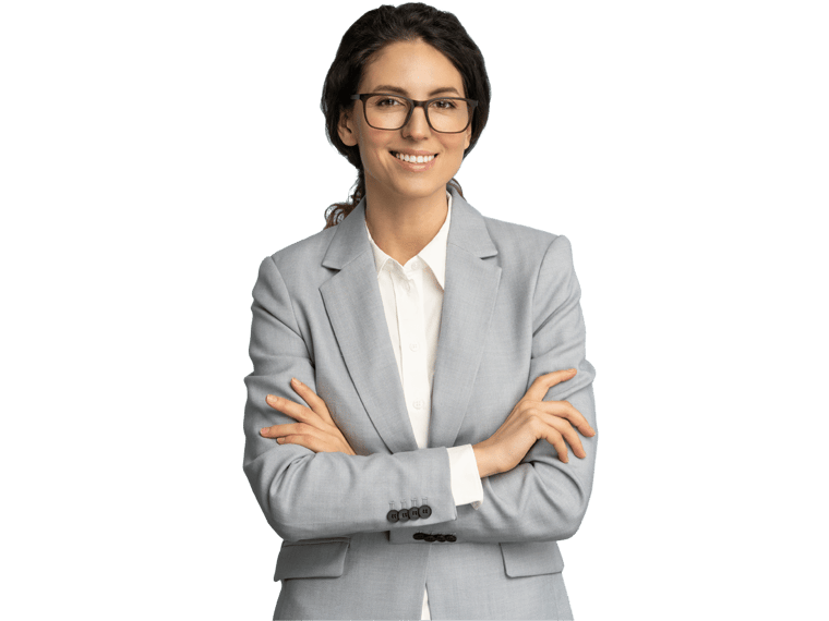 Armenian translation services, Confident young businesswoman wear glasses, smiling