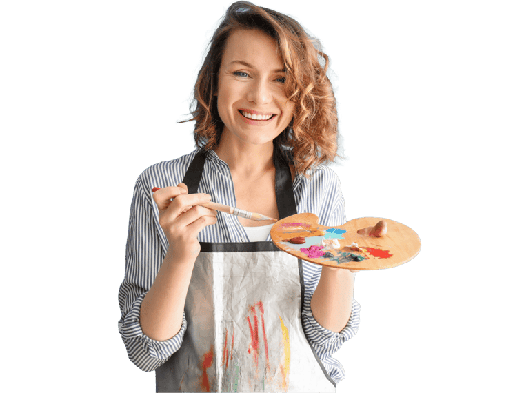 Art translation services, Female artist with brush and paint palette on color background