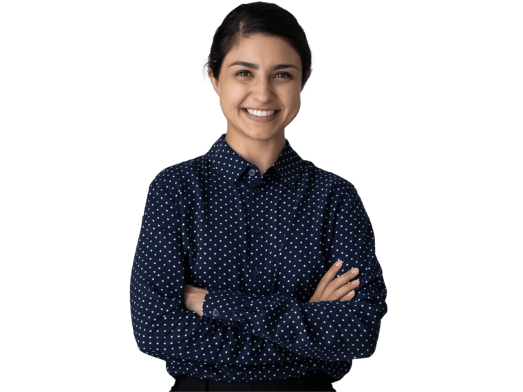 Assamese translation services, smiling young Indian woman with arms crossed standing on grey studio background