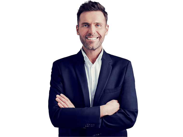 Austrian german proofreading services, Happy businessman isolated - handsome man standing with crossed arms