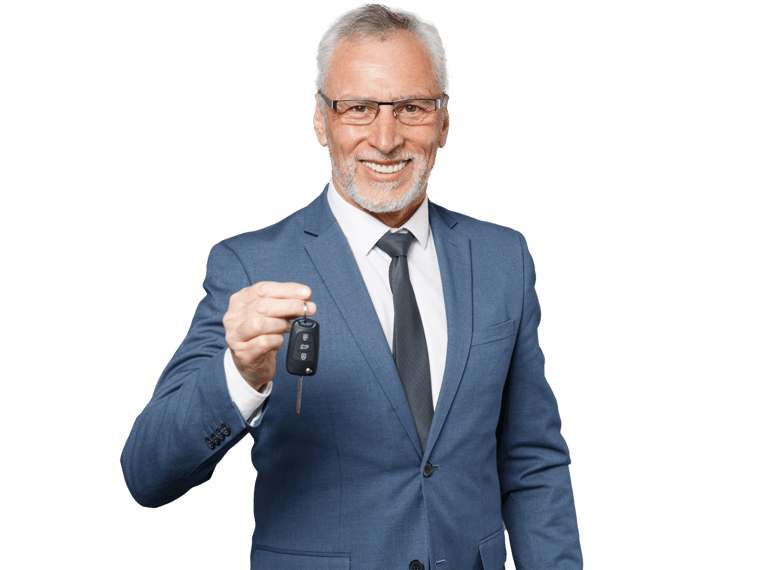 Automotive translation services professional gray-haired mustache bearded in classic blue suit shirt tie