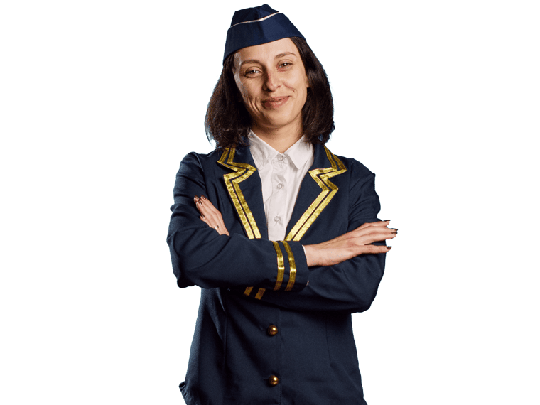 Aviation translation services, Smiling young woman working as air hostess, wearing flying uniform and posing with confidence. 