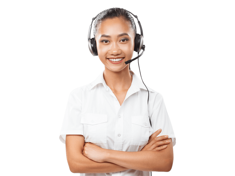 Bahasa indonesian interpreting services Smiling woman with headset.