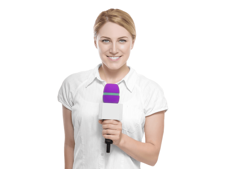 Belgian french interpreting services woman smiling while confidently holding a microphone