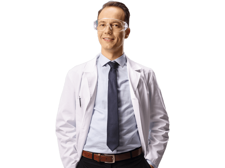 Biotechnology translation services exper with protective goggles isolated on blue background