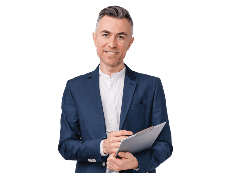 Birth certificate professional in blue jacket holding a planner