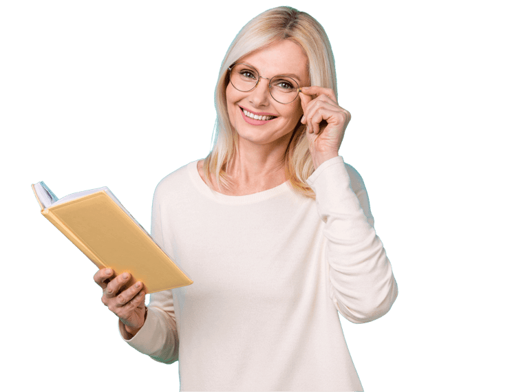 Book translation service, Photo of optimistic pensioner woman blonde hair wear white shirt hold new encyclopaedia