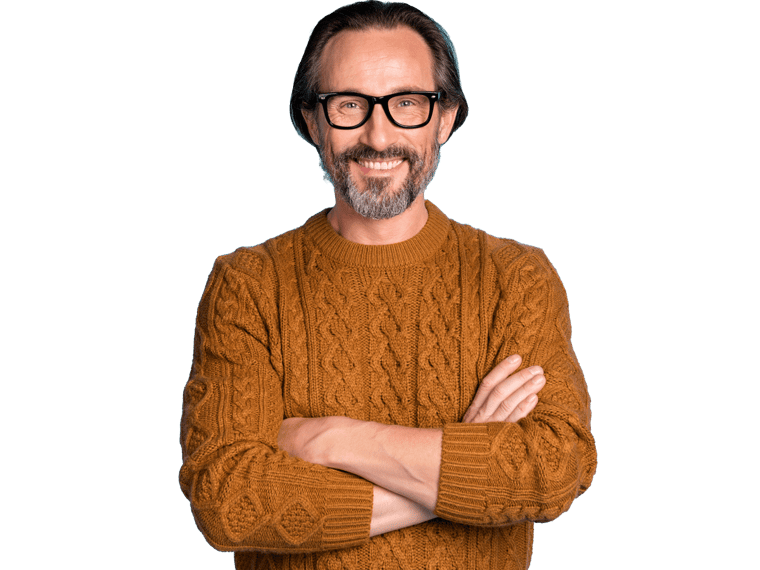 Bosnian translation services, Photo portrait of cheerful man in spectacles confident folded hands smiling 