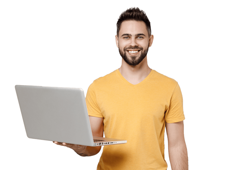 Brochure translation services professional holding a laptop and smiling