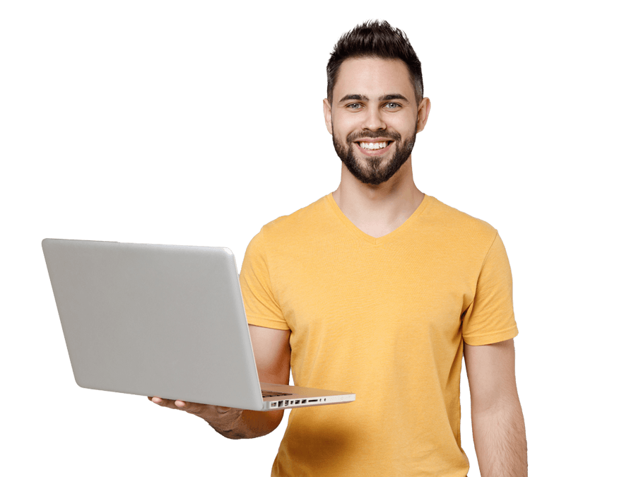 Brochure translation services professional holding a laptop and smiling