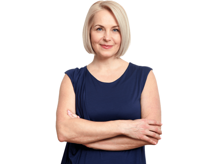 Bulgarian subtitling services, Attractive middle aged woman with folded arms on grey background