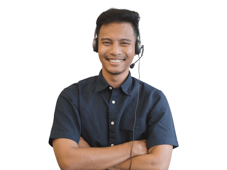 Burmese interpreting services smiling man wearing a headset crossing his arms.