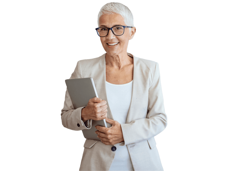 CMS translation services, CMS translation services, Mature woman posing against a gray background with laptop. 