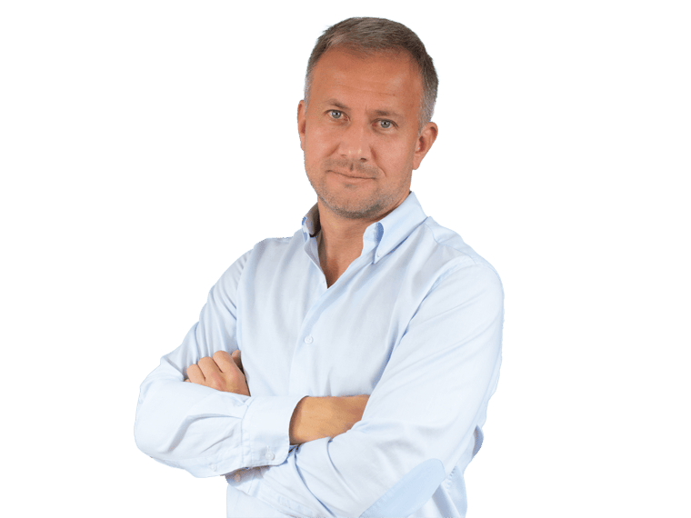 Canadian french translation services, Young smiling happy attractive confident cheerful caucasian man 20s wear basic blue t-shirt eyeglasses looking camera