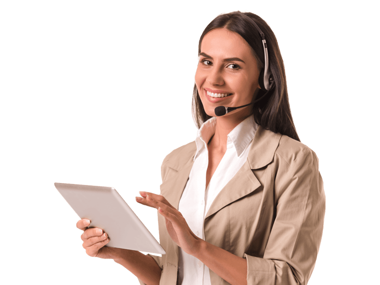 Catalan interpreting services smiling expert holding a tablet wearing a headset