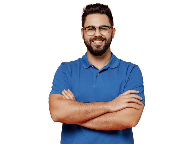 Catalan translation professional smiling crossed arms wearing a blue shirt