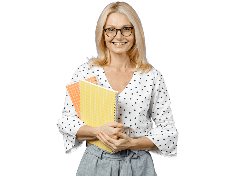 Catalogues translation services, Smiling gray-haired blonde teacher woman lady 40s 50s years old wearing white dotted blouse eyeglasses
