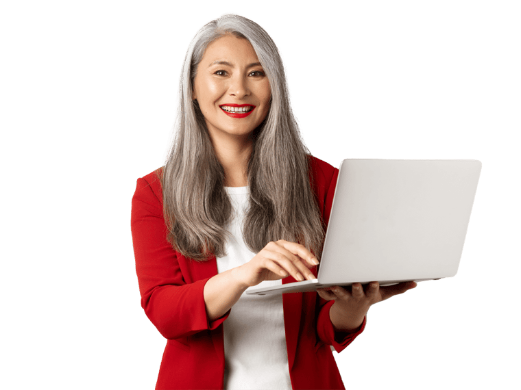 Certified Translation services expert smiling holding a laptop wearing a red jacket