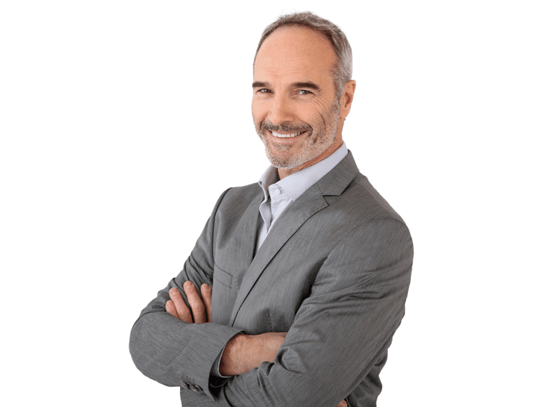 Certified apostille expert folded arms smiling wearing gray suit