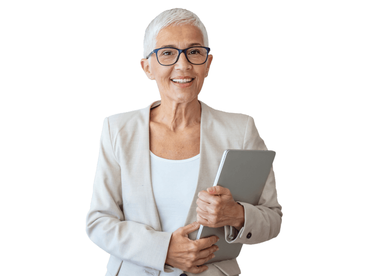 Certified will smiling woman in white suit holding a planner