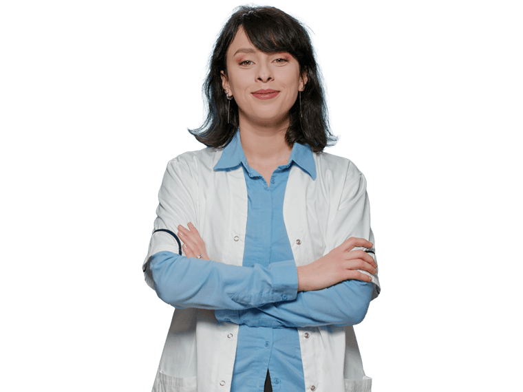 Chemical translation services,  Portrait of female chemist with white coat standing in front of camera, having scientific laboratory expertise.