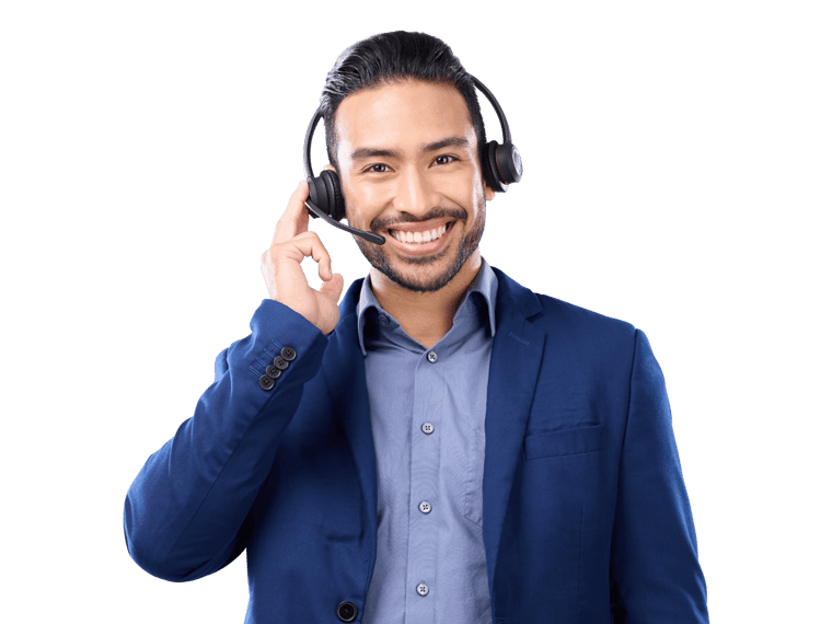 Chinese interpreting services expert smiling wearing a blue jacket and headset