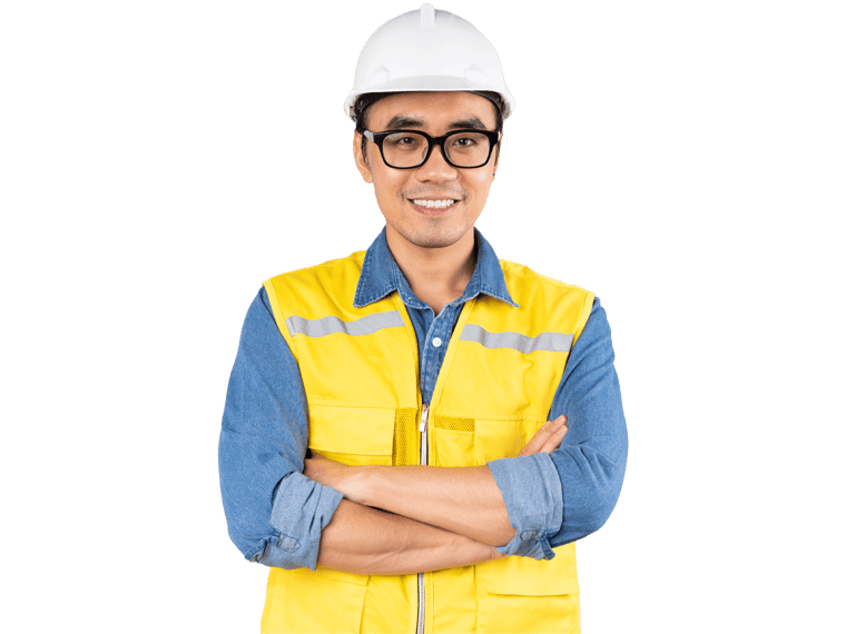 Civil engineering translation services, Smiling young asian civil engineer wearing helmet hard hat standing on isolated white background