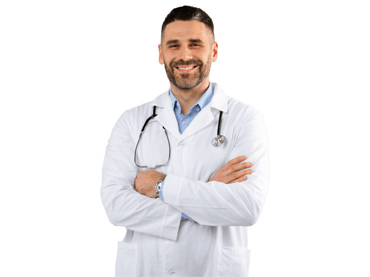 Clinical Trials translation services, Healthcare, medical staff concept. Portrait of smiling male doctor posing with folded arms