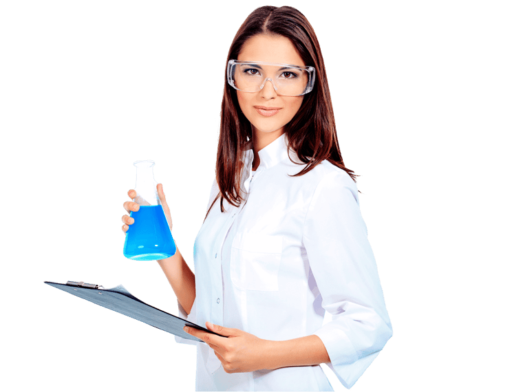 Clinical trials and research translation services, Portrait of a female laboratory assistant holding flask. Isolated over white.