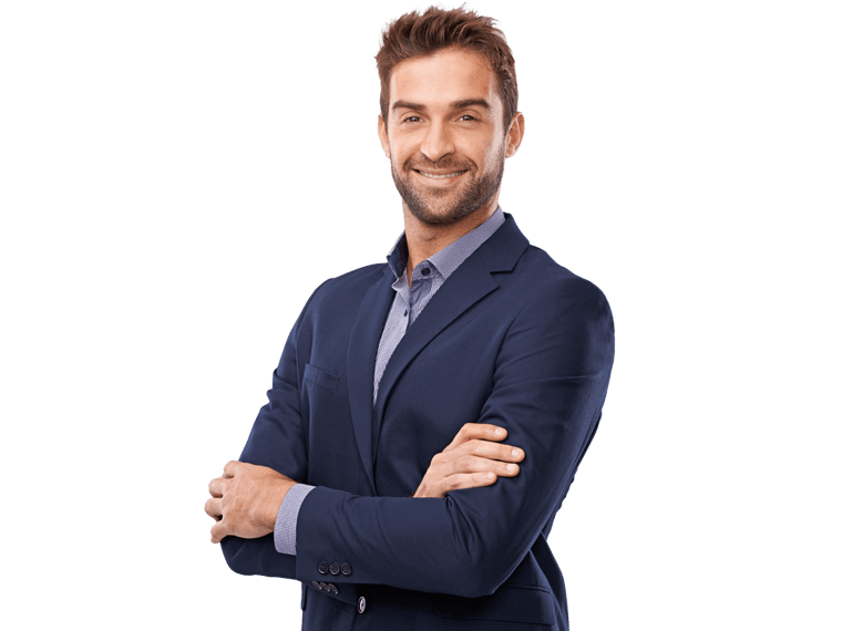Company incorporation translation services, A young man wearing a blue blazer, smiling confidently with his hands folded.