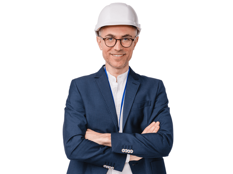 Construction translation services,  Confident mature engineer in hardhat with his arms crossed isolated over white background