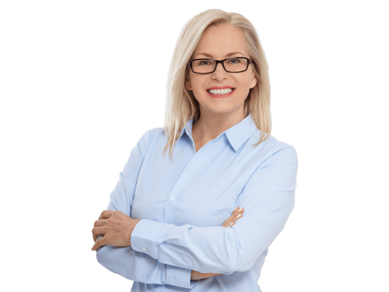 Consulate certified translation strong woman with glasses in white polo shirt smiling