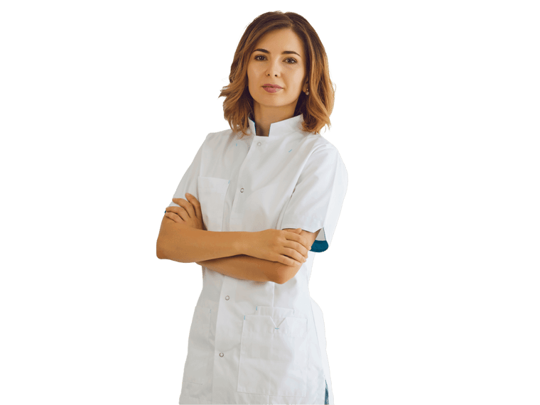 Cosmetics translation services UK expert wearing a white coat with crossed arms