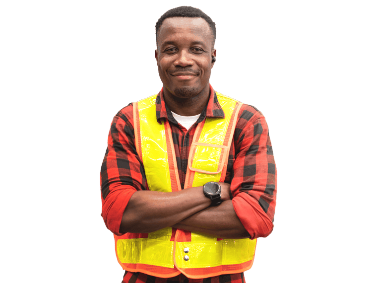 Council translation services, Portrait of positive African worker wears safety hat and glowing orange safety vest, folding arm, white background