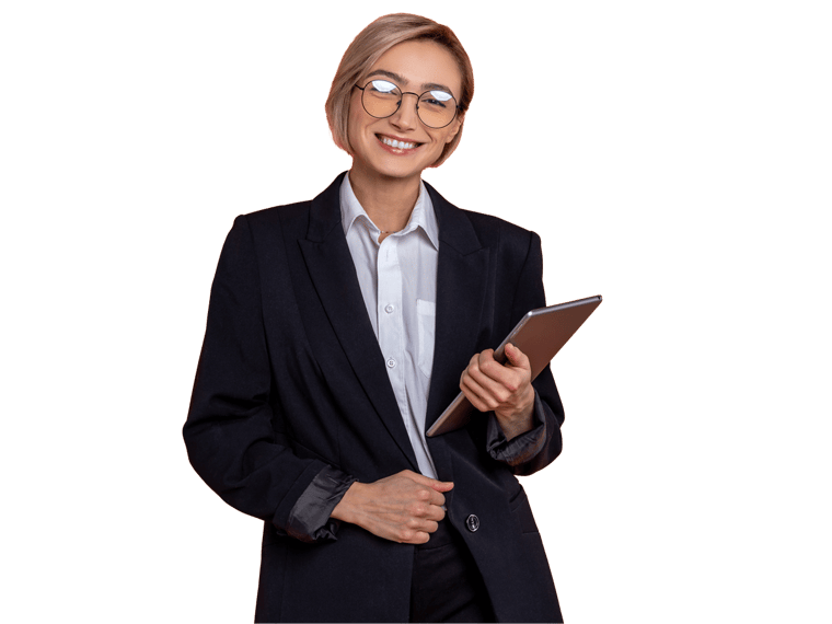 Court transcripts translation services, Confident satisfied woman wearing black official style suit standing with tablet looking at camera