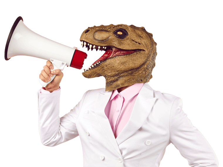 Creative translation services symbolised by a man in dino mask shouting in megaphone