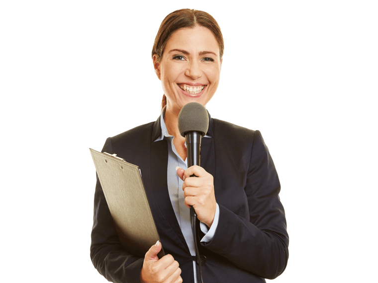 Croatian interpreting services woman smiling holding a mic and clipboard