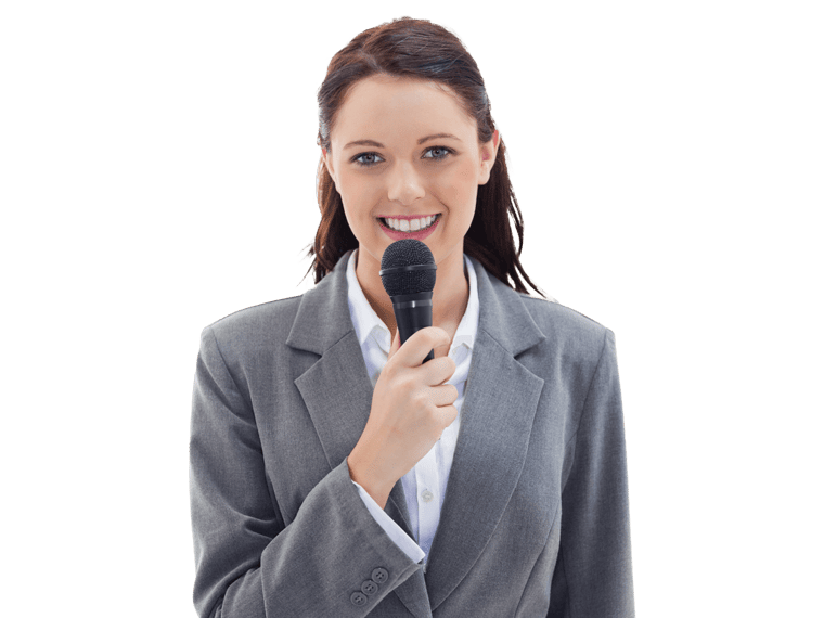 Czech interpreting services smiling expert woman wearing a grey jacket holding a mic