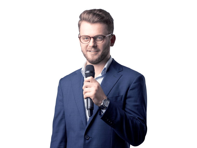 Danish interpreting services man wearing blue jacket holding a mic