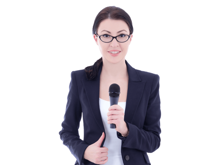 Dari interpreting services woman wearing glasses confidently holds a microphone
